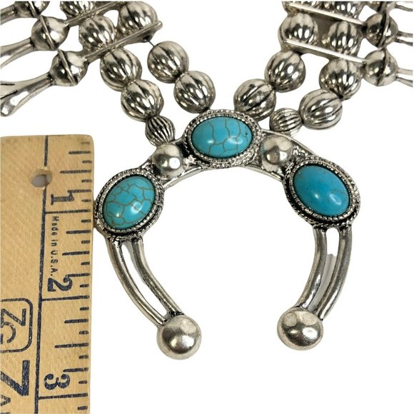 Southwestern Faux Turquoise Squash Blossom Statement Necklace & Earrings NEW - Picture 7 of 8